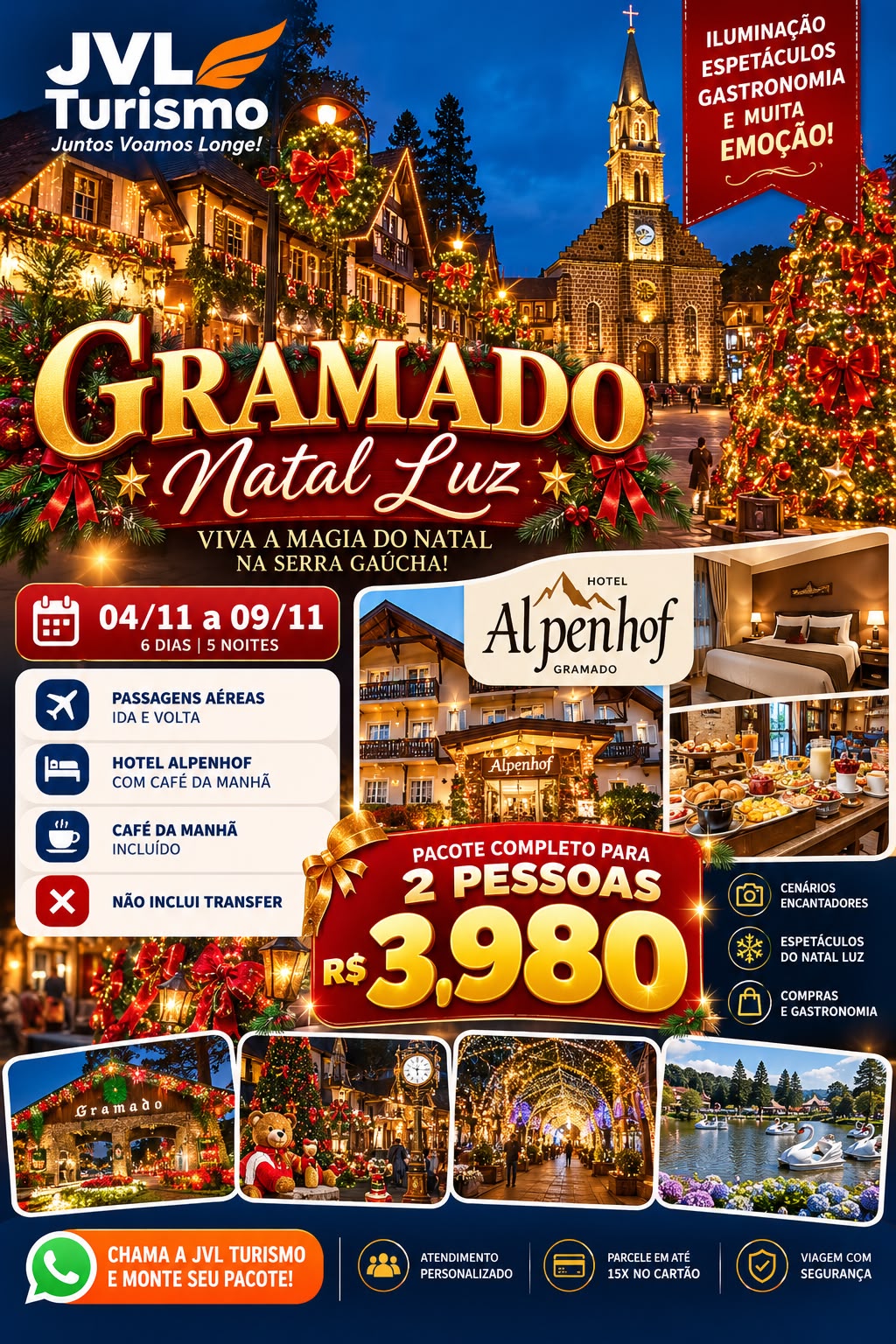 Pacote Gramado Natal Luz, 4 a 9 de novembro, com Hotel Alpenhof